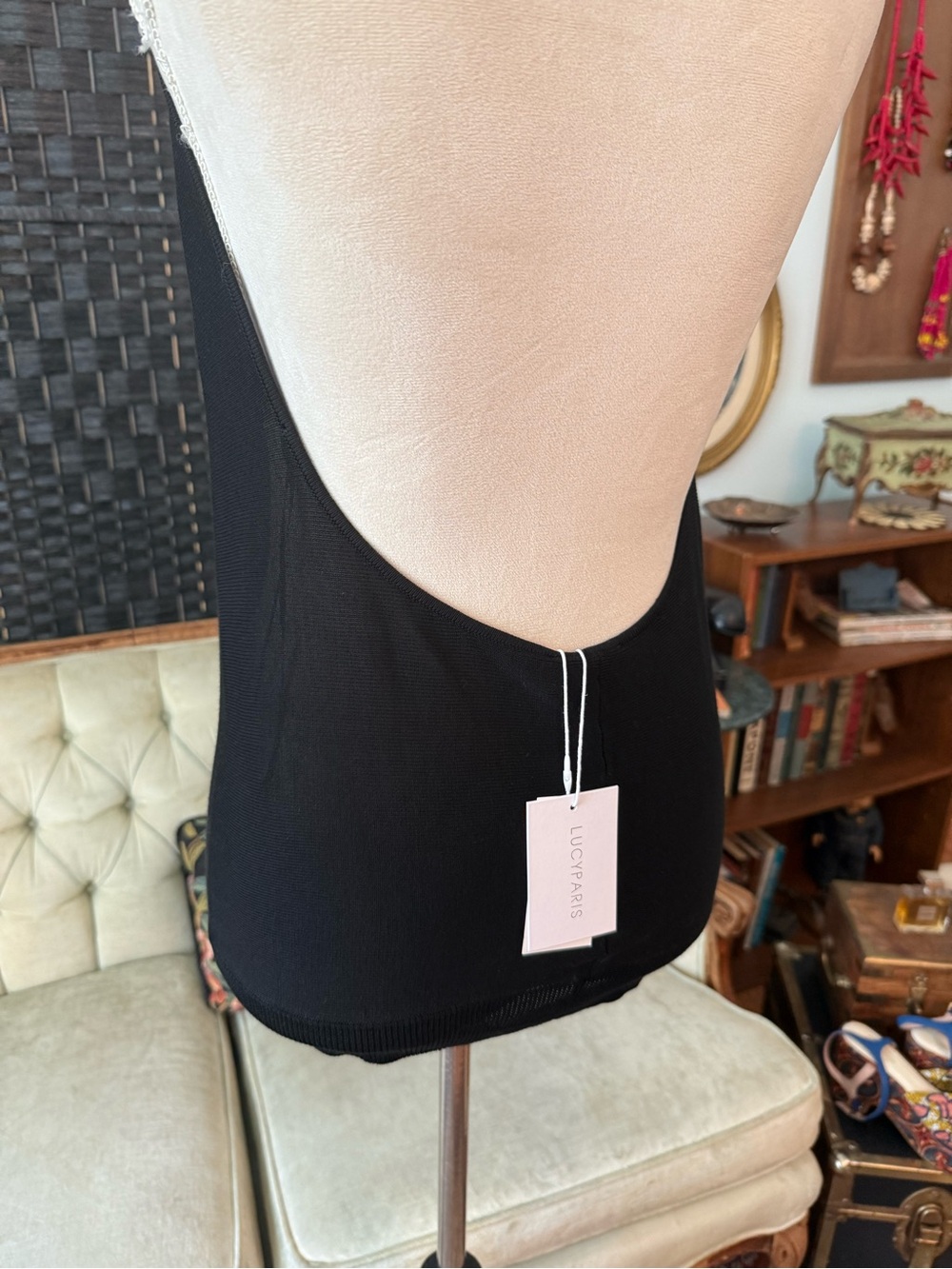 🖤 Lucy Paris Black Halter Cowl Neck Open Back Sweater Tank Top NWT Large - Picture 6 of 10